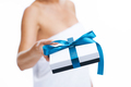 Picture of nice blonde woman holding gift or voucher - PhotoDune Item for Sale