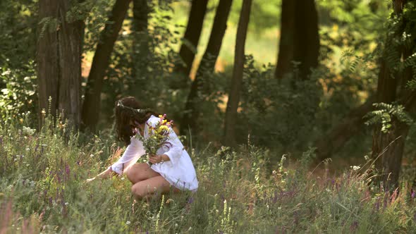 Natural Beauty Girl Gathering Flowers Outdoor in Freedom Enjoyment Concept