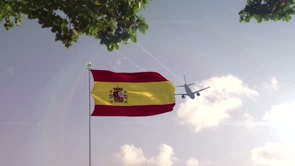 Spain Flag With Airplane And City -3D rendering