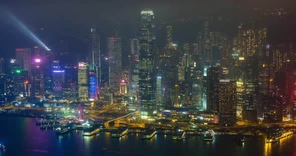 Aerial Timelapse of Illuminated Hong Kong Skyline. Hong Kong, China