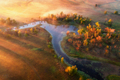 Aerial view of curving river in fog at sunrise in autumn - PhotoDune Item for Sale