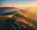 Aerial view of hills and mountains in fog at sunset in autumn - PhotoDune Item for Sale