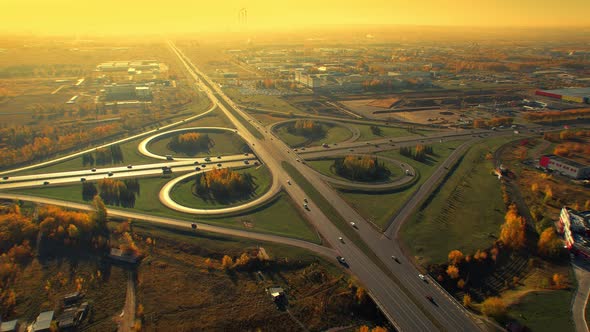 Beautiful Symmetrical Road Junction Cloverleaf Interchange Surreal Aerial Flight in the Early