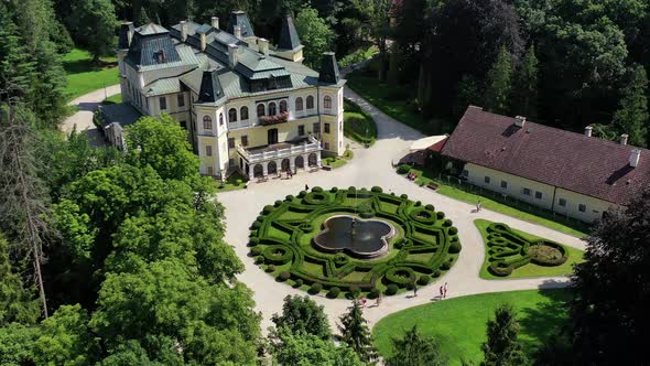 Aerial view of the beautiful Betliar manor house in the village of Betliar in Slovakia