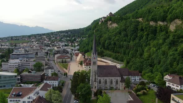 Aerial view of Vaduz Cathedral (Cathedral of St. Florin), Liechtenstein, Europe