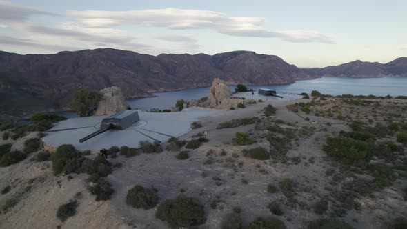 Cannons of Battery Castillitos on promontory of coast Mediterranean Sea at Cartagena, Murcia. Aerial