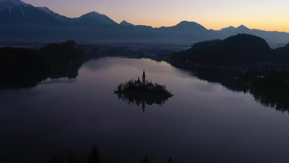 Bled Lake and Marijinega Vnebovzetja Church at Twilight