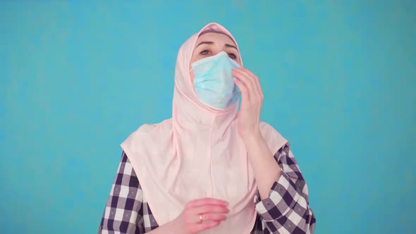 Young Beautiful Muslim Woman Medical Mask Coughing Spasm