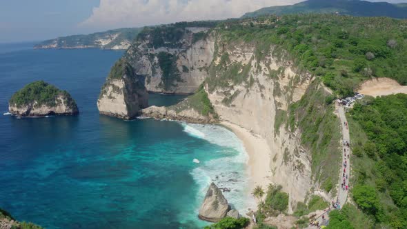 Aerial View Beautiful White Sand Diamond Beach, Turquoise Ocean, Mountains 