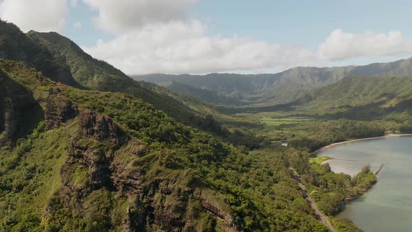 Drone Aerial Pan onto Ahupua'a 'O Kahana State Park, Oahu, Hawaii