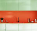 Kitchen interior in bright colours, black tap and sink, green  and orange cabinets, tools, 3d rende - PhotoDune Item for Sale