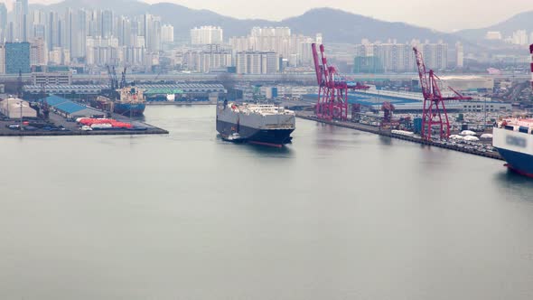 Timelapse Cargo Ship Departs Incheon Harbour Against City