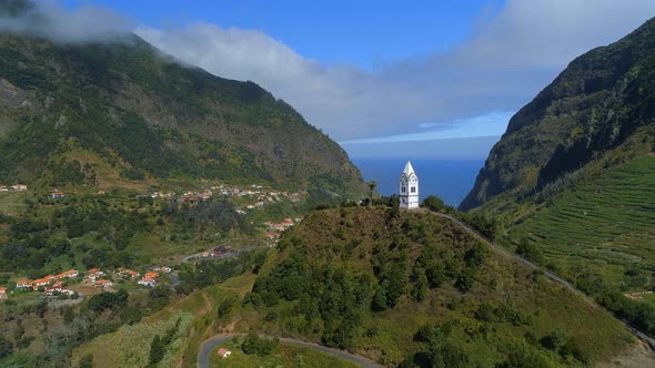 Fly Past a Church on a Hill in Madeira