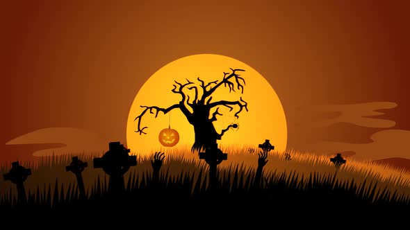 An autumn, scary night on the haunted, mysterious graveyard full of tombstones