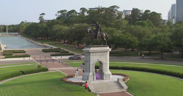 Drone view of the Sam Houston Statue in Hermann Park in Houston, Texas