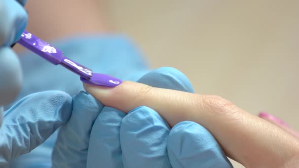 Applying Purple Polish on Female Nail.