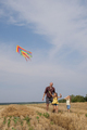 A father and his daughters launch a rainbow kite into a clear sky - PhotoDune Item for Sale