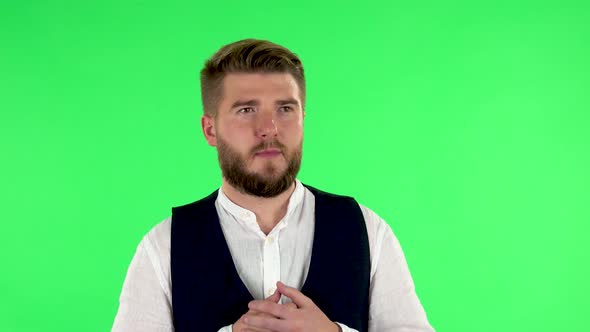 Man in Anticipation of Worries, Then Disappointed and Upset. Green Screen