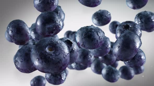 Flying of Blueberries in Dark Grey Background