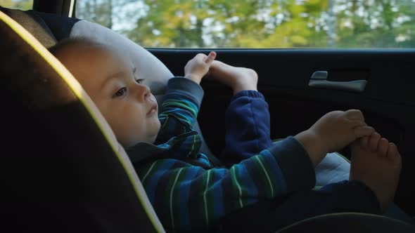 Toddler Boy Traveling in a Car Sitting in a Child Safety Seat