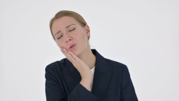 Young Businesswoman Having Toothache Cavity on White Background