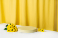 Minimal geometric podium, pedestal on a bright yellow curtain background - PhotoDune Item for Sale
