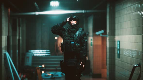 Policeman in Empty Underground Metro Sunbway