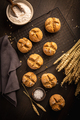 Homemade spelt bread rolls with salt on wooden background - PhotoDune Item for Sale