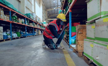 Warehouse worker in a large warehouse searching for small items in the shelf