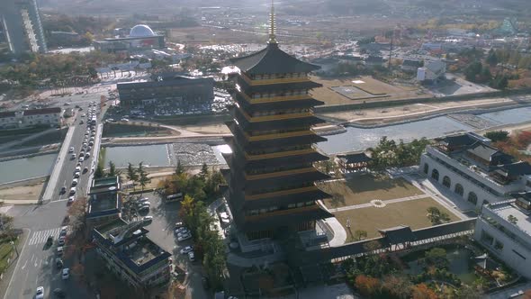 Aerial Sweeping View Of Korea Style Pagoda