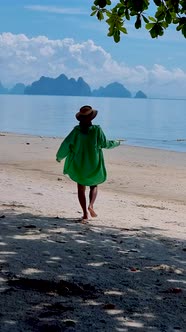 Woman on the Beach of the Tropical Island Naka Island Near Phuket Thailand Woman at a Swing on the