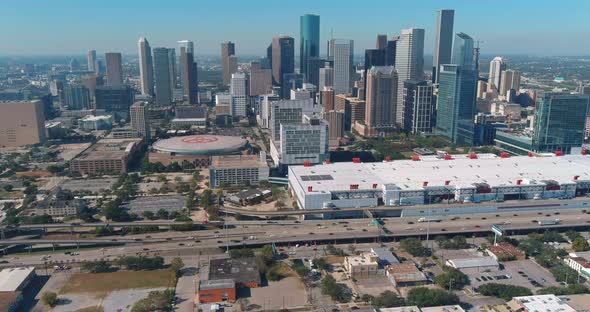 Aerial view of downtown Houston and surrounding landscape. This video was filmed in 4k for best imag