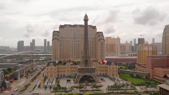Slow approach aerial shot of Cotai Strip casino hub in Macau, China