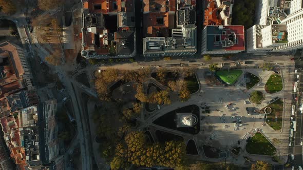 Aerial Birds Eye Overhead Top Down Panning Footage of Plaza De Espana Square and Surrounding Streets