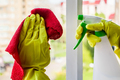 Window washing and home cleaning. Housekeeper in gloves washes and wipes dirty glass. - PhotoDune Item for Sale