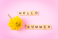 Hello summer concept. Yellow flower on pink background. Wooden lettering - PhotoDune Item for Sale