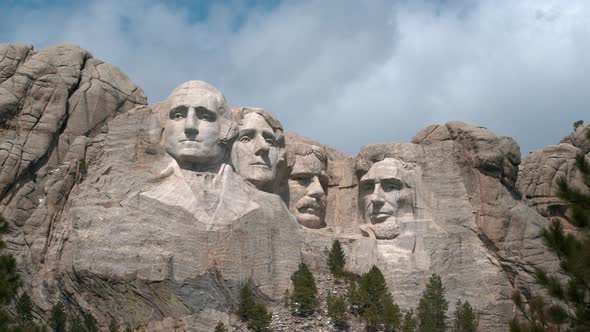 A time lapse shot of Mount Rushmore in South Dakota captured on a partly cloudy day.