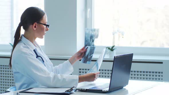 Professional medical doctors working in hospital office making research.