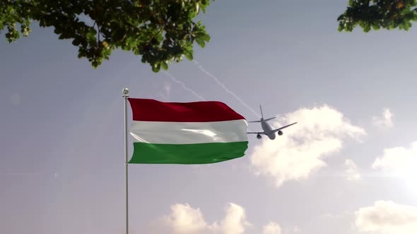 Hungary Flag With Airplane And City -3D rendering