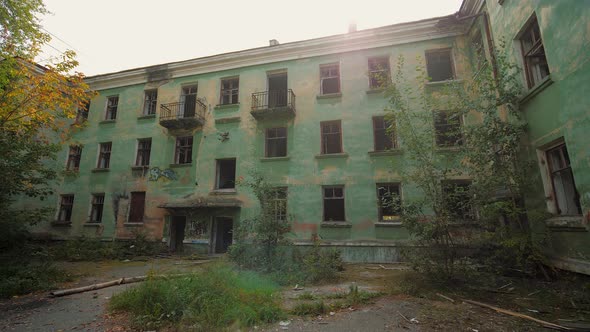 Abandoned Old Building Ruins with Broken Windows Uninhabited Apartment