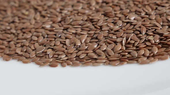 Flax Linum usitatissimum seed on white plate 4K video