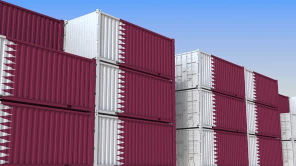 Container Yard Full of Containers with Flag of Qatar