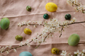 Happy Easter! Rustic easter still life. Stylish easter eggs and blooming cherry flowers - PhotoDune Item for Sale