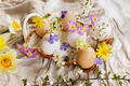 Happy Easter! Rustic easter still life. Stylish easter eggs and blooming spring flowers - PhotoDune Item for Sale