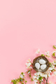 Stylish Easter eggs in nest and cherry blossoms flat lay on pink background with copy space - PhotoDune Item for Sale
