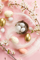 Happy Easter! Easter flat lay with stylish eggs in nest, feathers and blooming cherry branch - PhotoDune Item for Sale