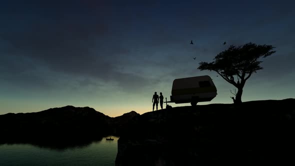 Family Camping with Caravan in the View of the Cliff