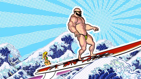 Cartoon bodybuilers surfing