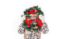 Smiling Funny Face of emotional Girl in Christmas wreath, isolated on white background - PhotoDune Item for Sale