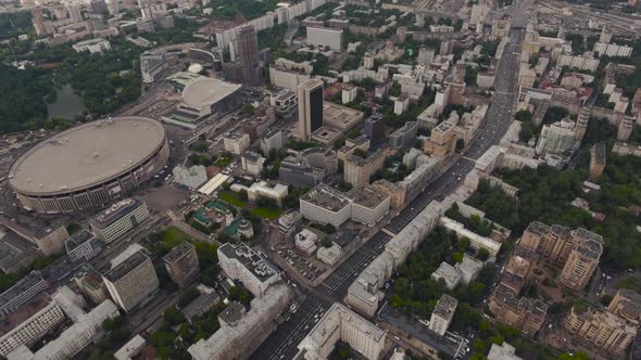 Olympic Stadium, Prospekt Mira, Moscow Streets and Roads with Car Traffic. Aeria Dron